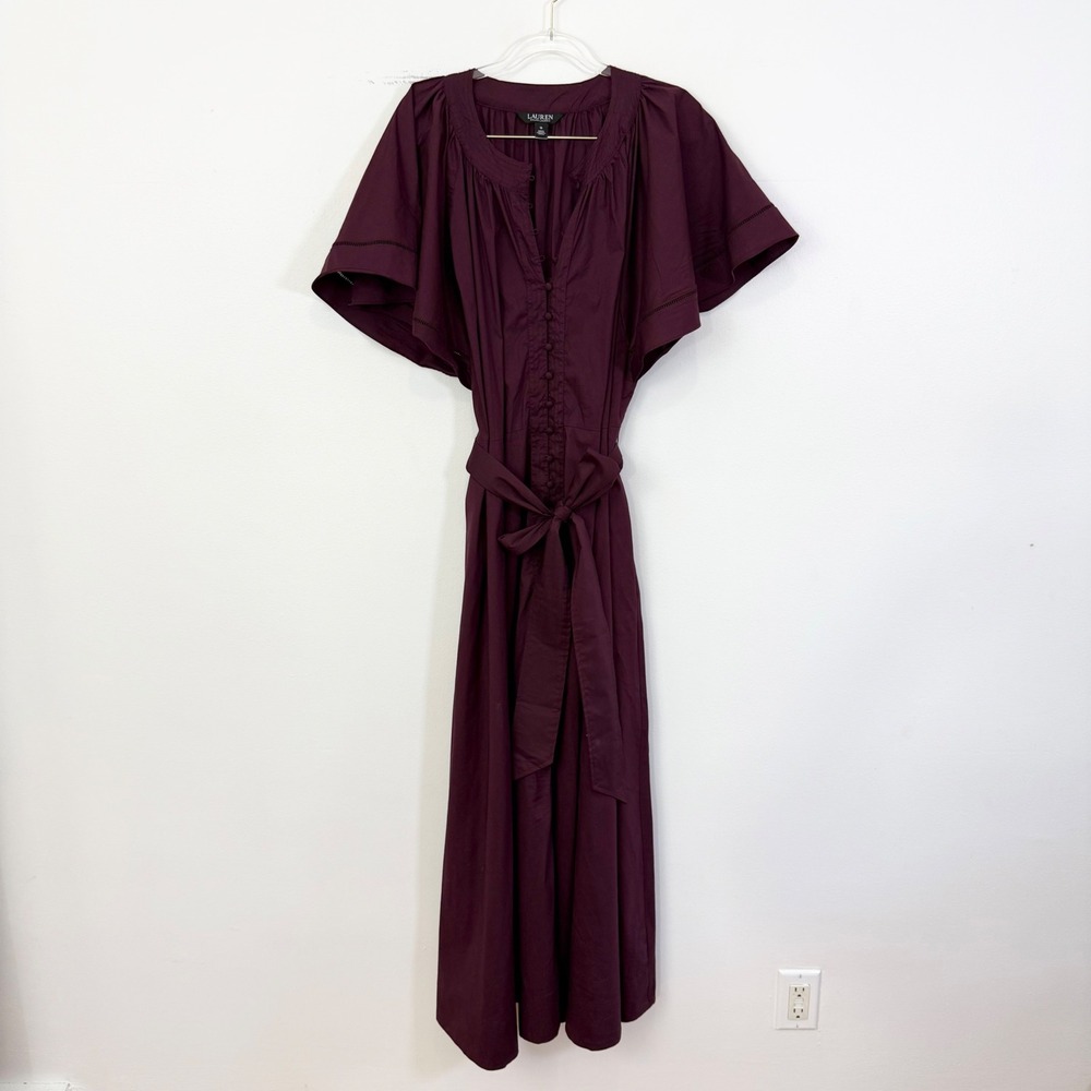 Lauren Ralph Lauren Burgundy Button Front Maxi Dress Belted Size 16